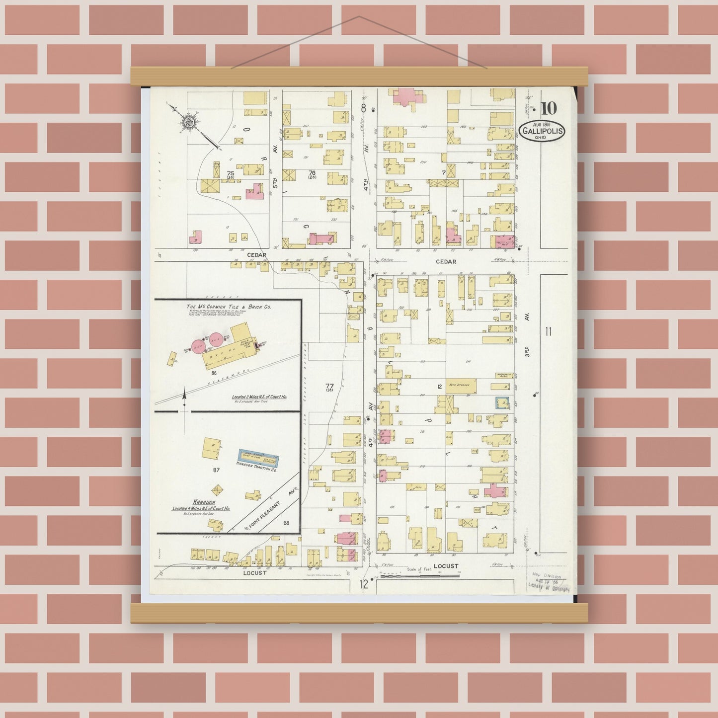 Old map wall art mockup — magnetic wood frame on brick wall — Sanborn Fire Insurance Map from Gallipolis, Gallia County, Ohio (1916), Sheet #0010
