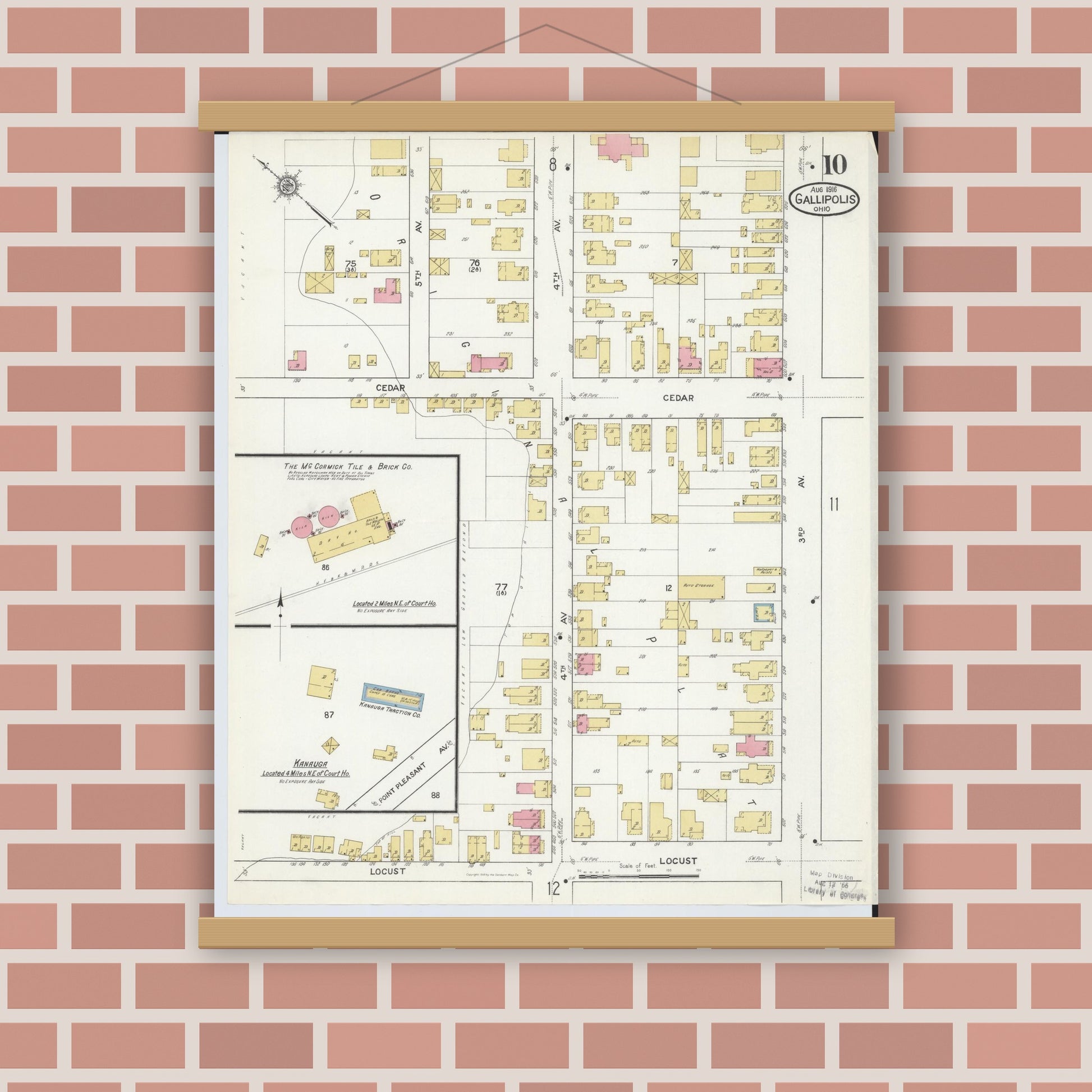 Old map wall art mockup — magnetic wood frame on brick wall — Sanborn Fire Insurance Map from Gallipolis, Gallia County, Ohio (1916), Sheet #0010