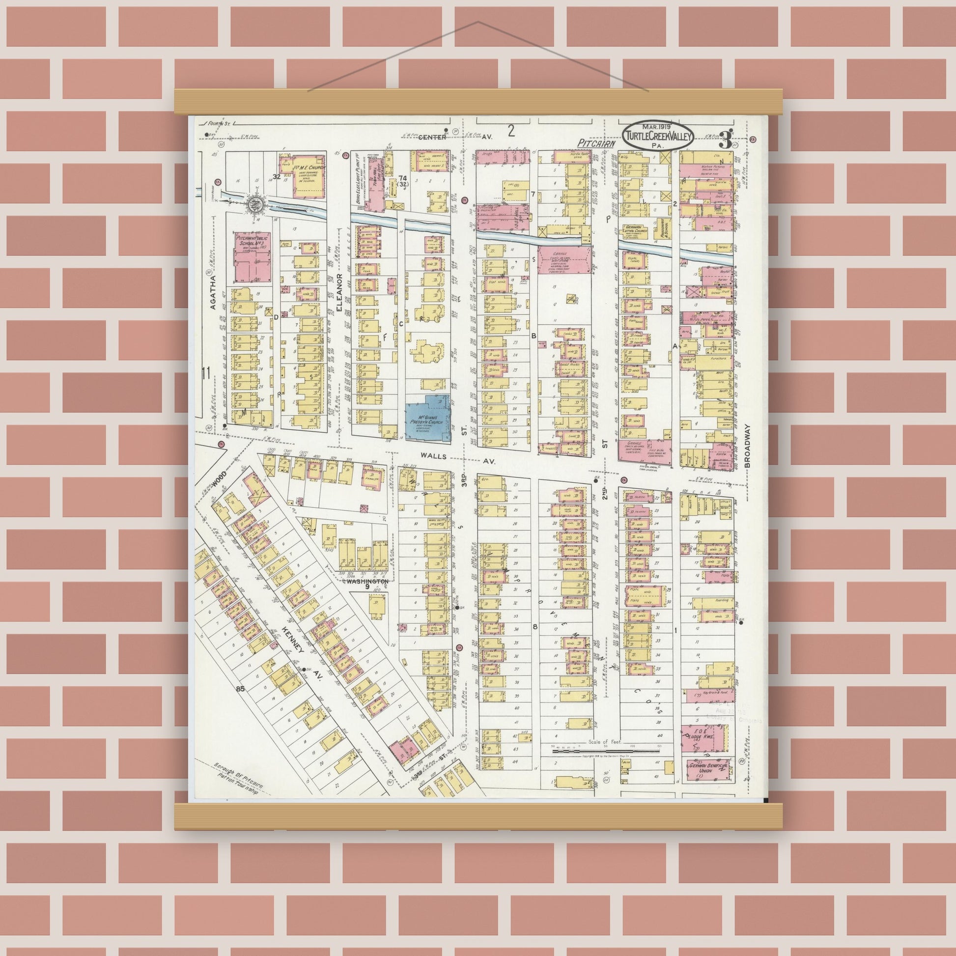 Old map wall art mockup — magnetic wood frame on brick wall — Sanborn Fire Insurance Map from Turtle Creek Valley, Allegheny County, Pennsylvania (1919), Sheet #0003
