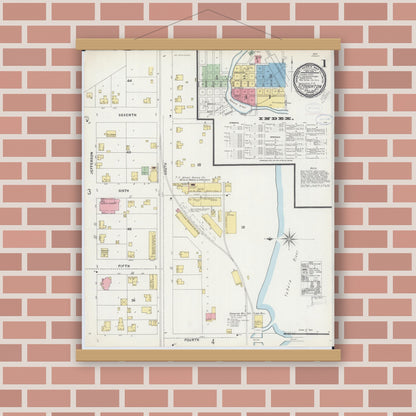 Old map wall art mockup — magnetic wood frame on brick wall — Sanborn Fire Insurance Map from Stoughton, Dane County, Wisconsin (1898), Sheet #0001