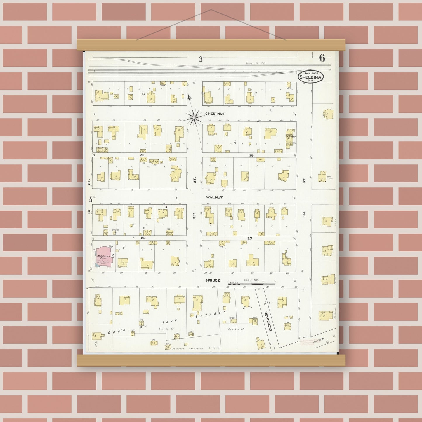 Old map wall art mockup — magnetic wood frame on brick wall — Sanborn Fire Insurance Map from Shelbina, Shelby County, Missouri (1909), Sheet #0006