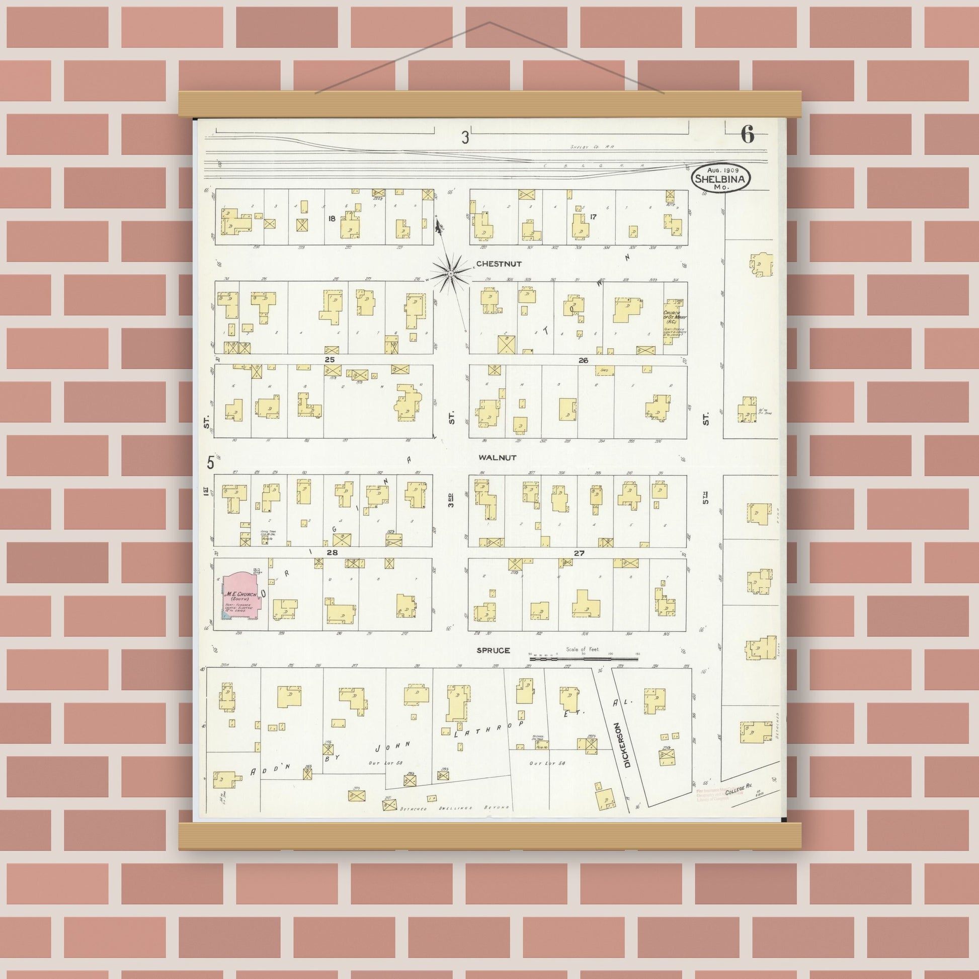 Old map wall art mockup — magnetic wood frame on brick wall — Sanborn Fire Insurance Map from Shelbina, Shelby County, Missouri (1909), Sheet #0006