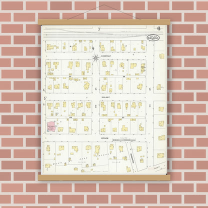 Old map wall art mockup — magnetic wood frame on brick wall — Sanborn Fire Insurance Map from Shelbina, Shelby County, Missouri (1909), Sheet #0006