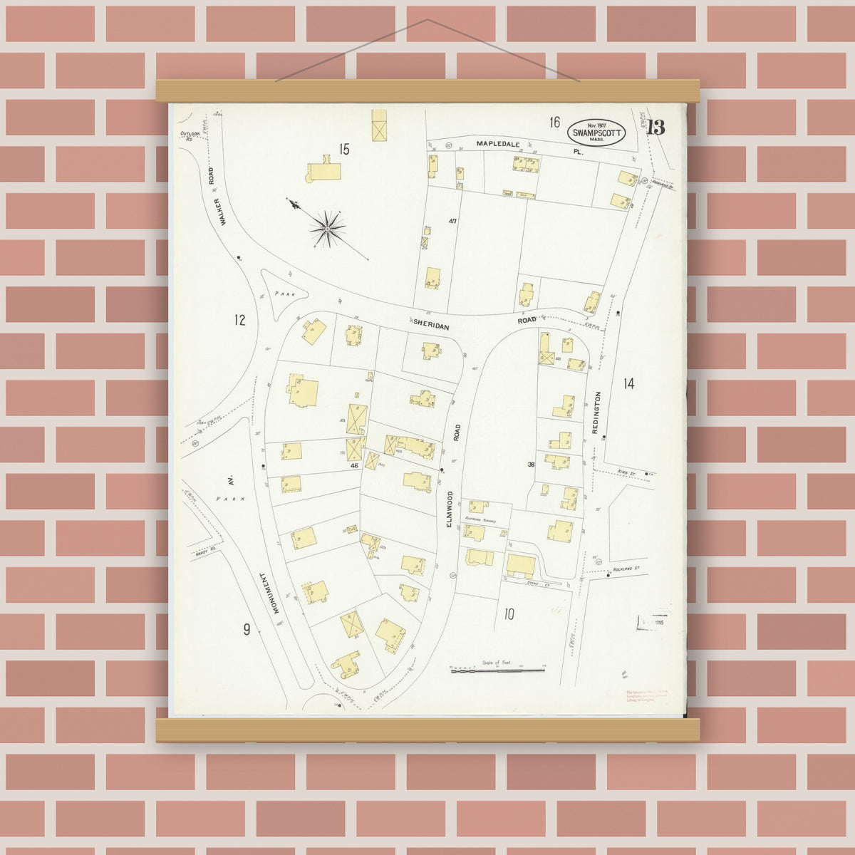 Old map wall art mockup — magnetic wood frame on brick wall — Sanborn Fire Insurance Map from Swampscott, Essex County, Massachusetts (1907), Sheet #0013