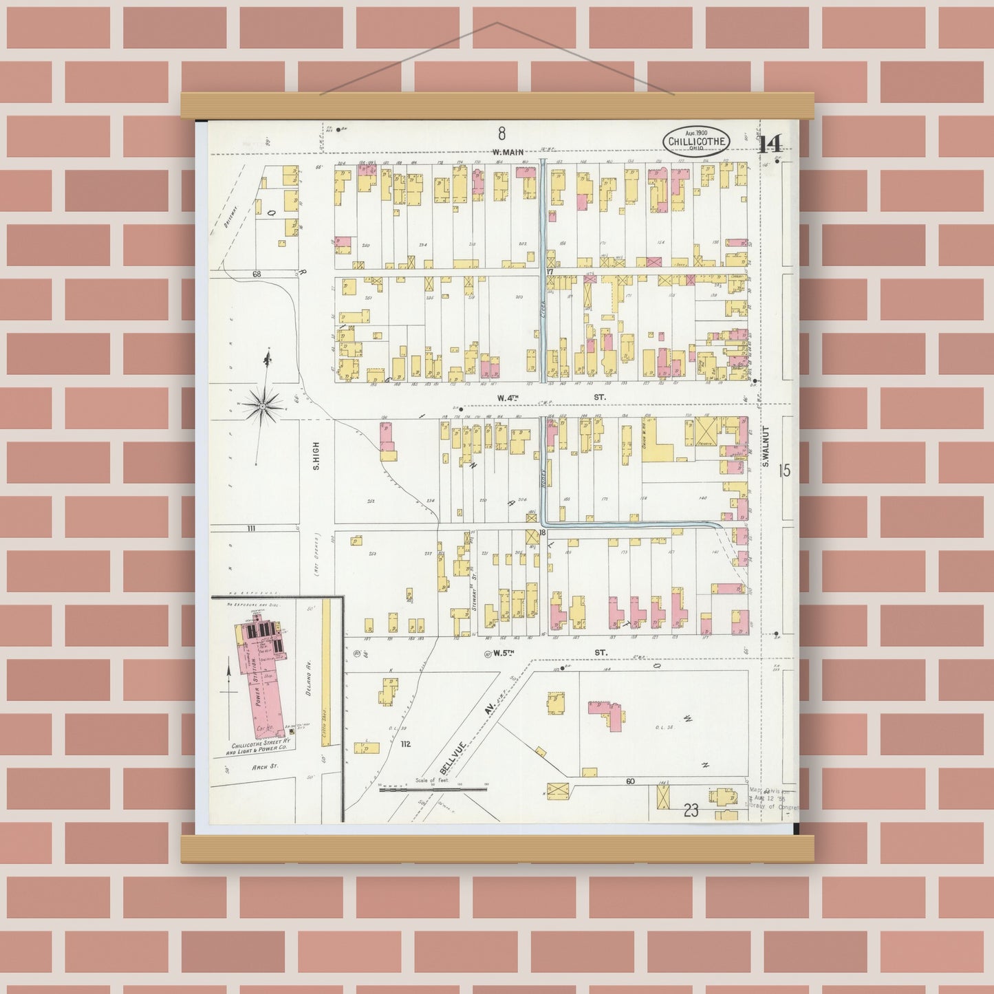 Old map wall art mockup — magnetic wood frame on brick wall — Sanborn Fire Insurance Map from Chillicothe, Ross County, Ohio (1900), Sheet #0014