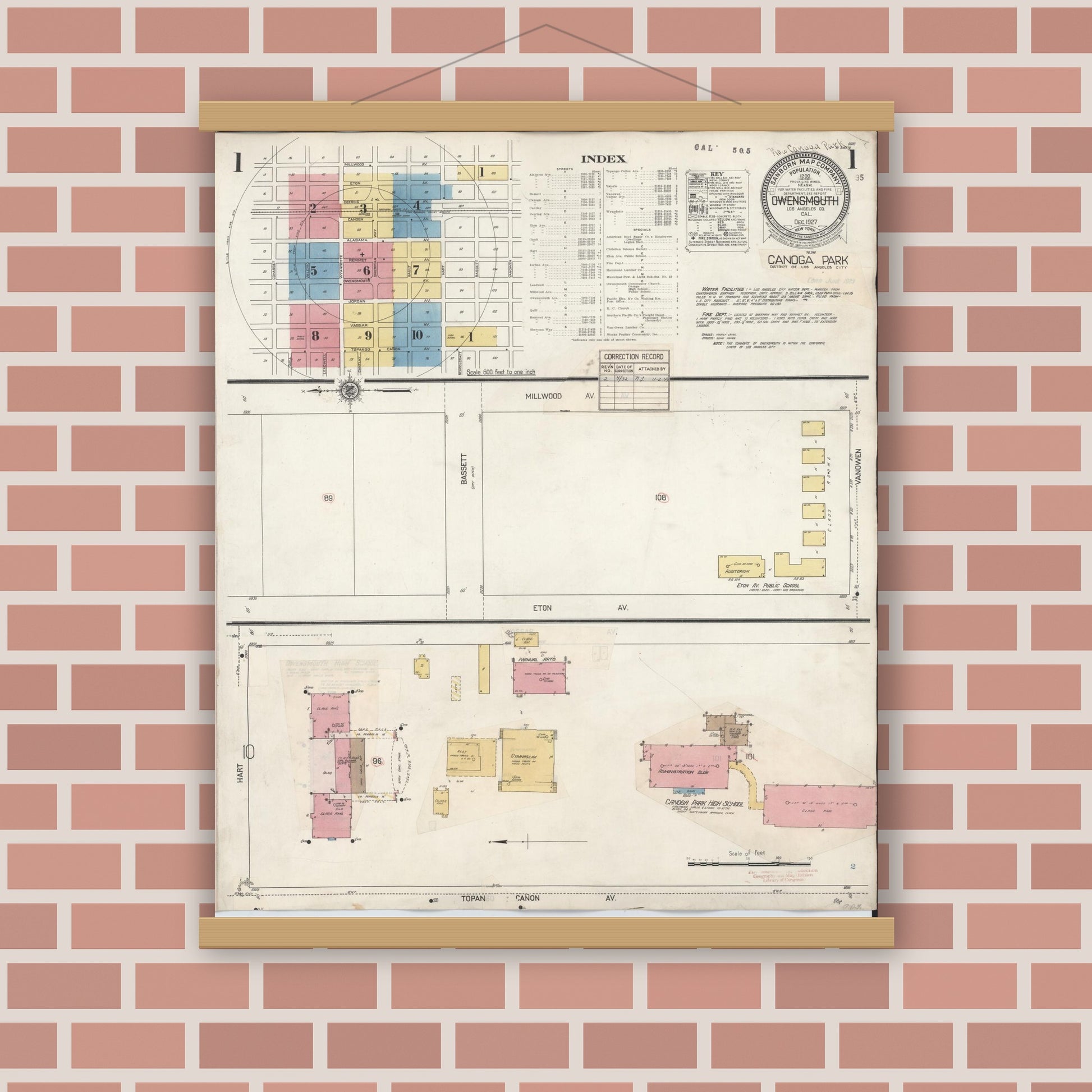 Old map wall art mockup — magnetic wood frame on brick wall — Sanborn Fire Insurance Map from Canoga Park, Los Angeles County, California (1932), Sheet #0001