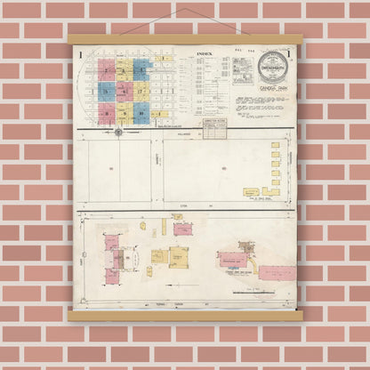 Old map wall art mockup — magnetic wood frame on brick wall — Sanborn Fire Insurance Map from Canoga Park, Los Angeles County, California (1932), Sheet #0001