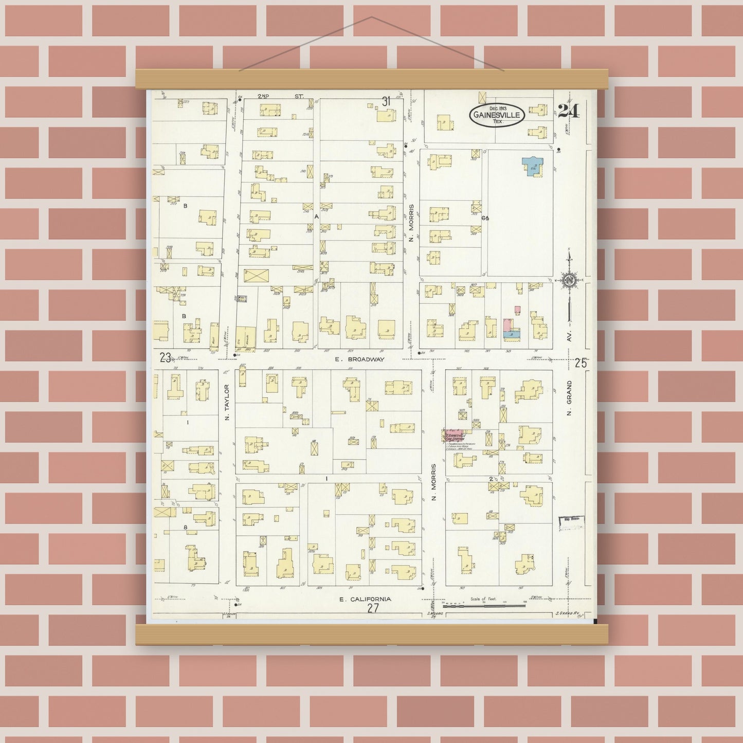 Old map wall art mockup — magnetic wood frame on brick wall — Sanborn Fire Insurance Map from Gainesville, Cooke County, Texas (1913), Sheet #0024