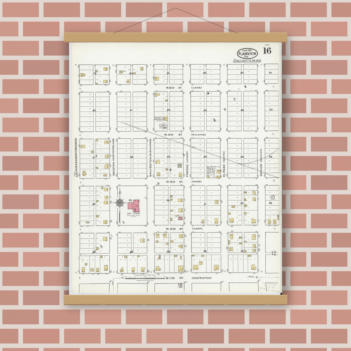 Old map wall art mockup — magnetic wood frame on brick wall — Sanborn Fire Insurance Map from Plainview, Hale County, Texas (1921), Sheet #0016