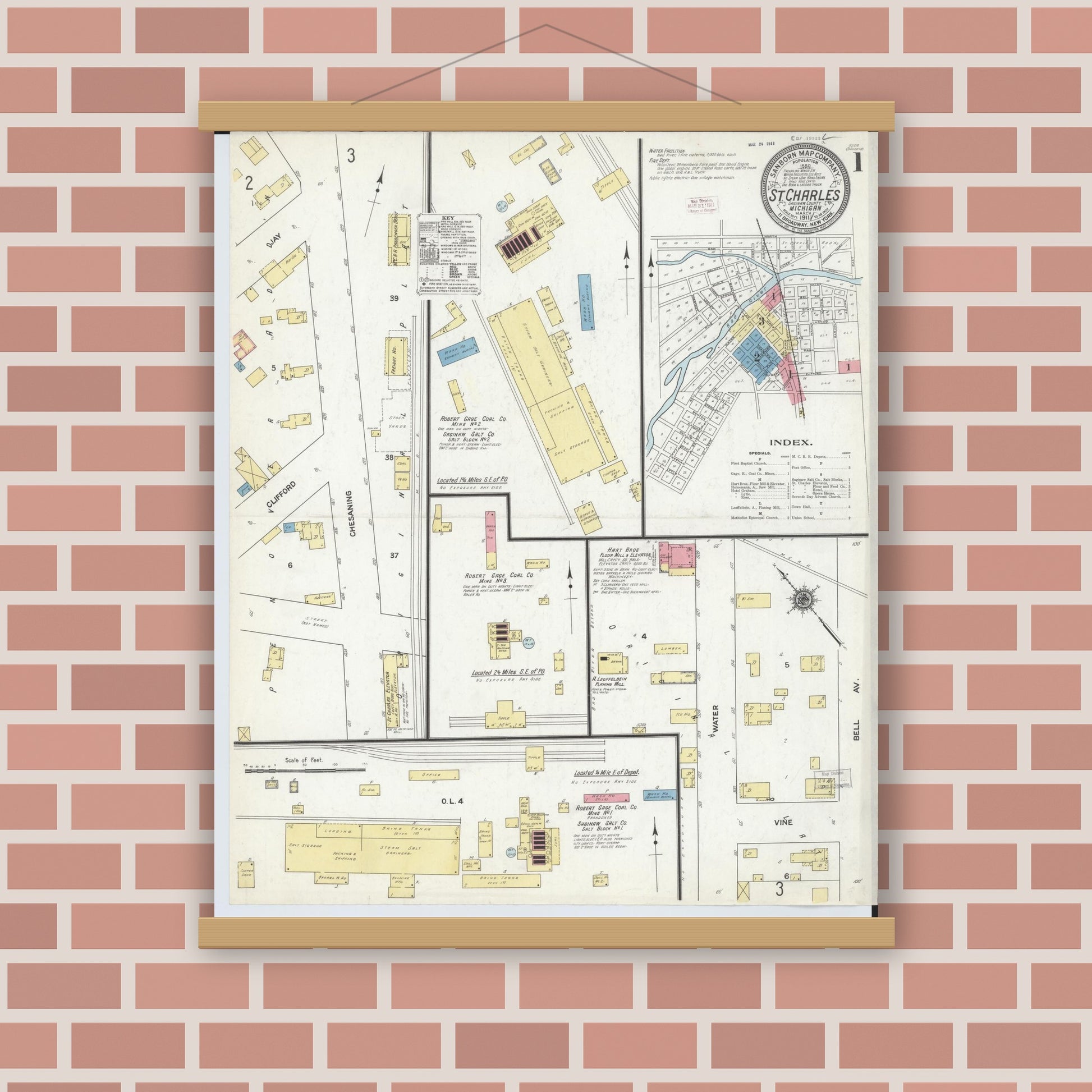 Old map wall art mockup — magnetic wood frame on brick wall — Sanborn Fire Insurance Map from Saint Charles, Saginaw County, Michigan (1911) - Complete Map Set
