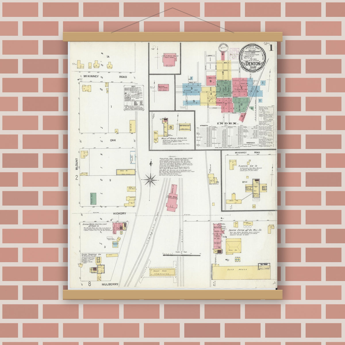 Old map wall art mockup — magnetic wood frame on brick wall — Sanborn Fire Insurance Map from Denton, Denton County, Texas (1901), Sheet #0001