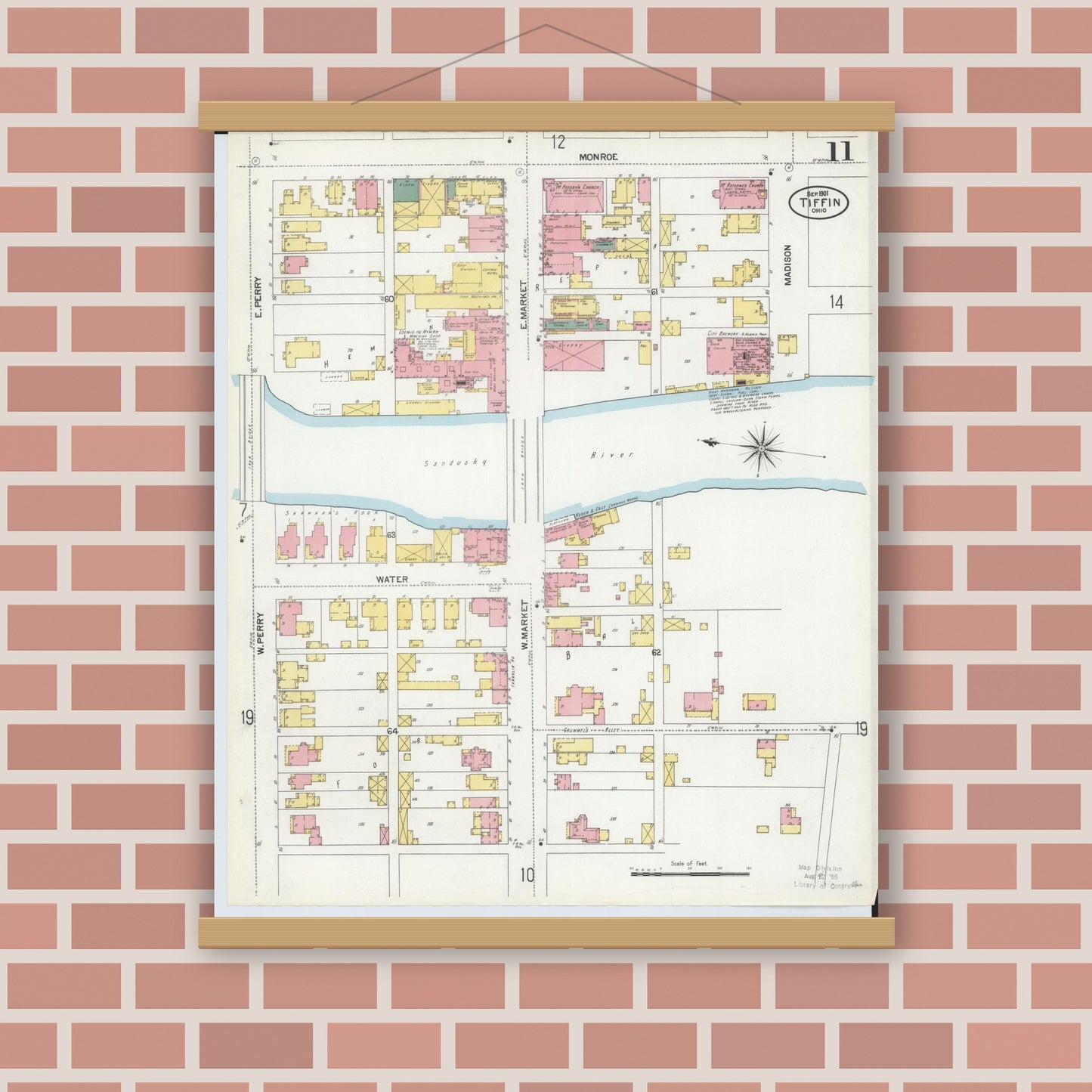Old map wall art mockup — magnetic wood frame on brick wall — Sanborn Fire Insurance Map from Tiffin, Seneca County, Ohio (1901), Sheet #0011