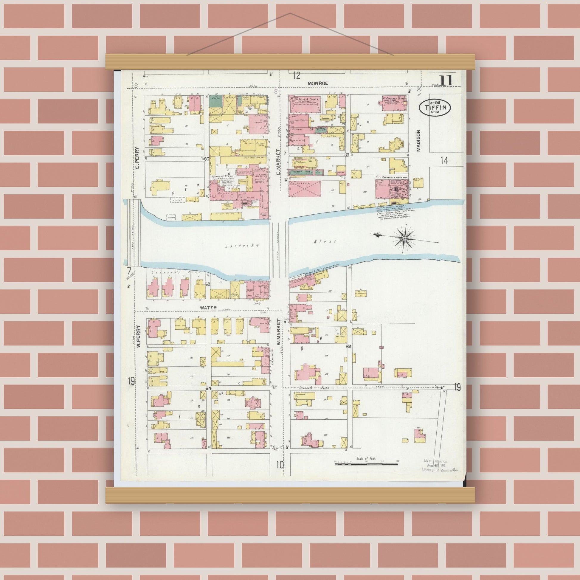 Old map wall art mockup — magnetic wood frame on brick wall — Sanborn Fire Insurance Map from Tiffin, Seneca County, Ohio (1901), Sheet #0011