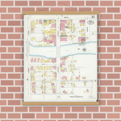 Old map wall art mockup — magnetic wood frame on brick wall — Sanborn Fire Insurance Map from Tiffin, Seneca County, Ohio (1901), Sheet #0011