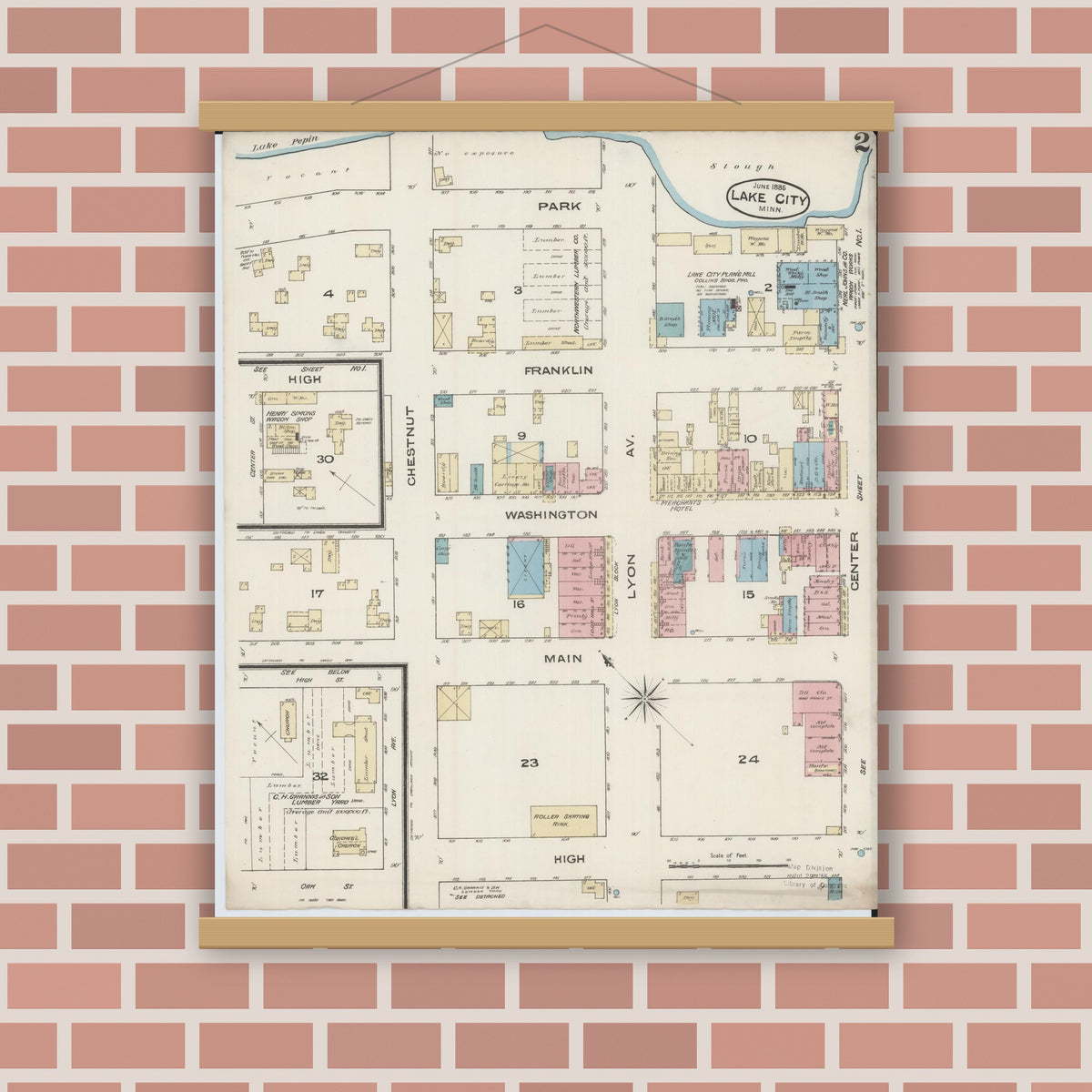 Old map wall art mockup — magnetic wood frame on brick wall — Sanborn Fire Insurance Map from Lake City, Wabasha County, Minnesota (1885), Sheet #0002
