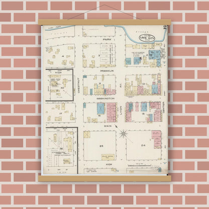 Old map wall art mockup — magnetic wood frame on brick wall — Sanborn Fire Insurance Map from Lake City, Wabasha County, Minnesota (1885), Sheet #0002