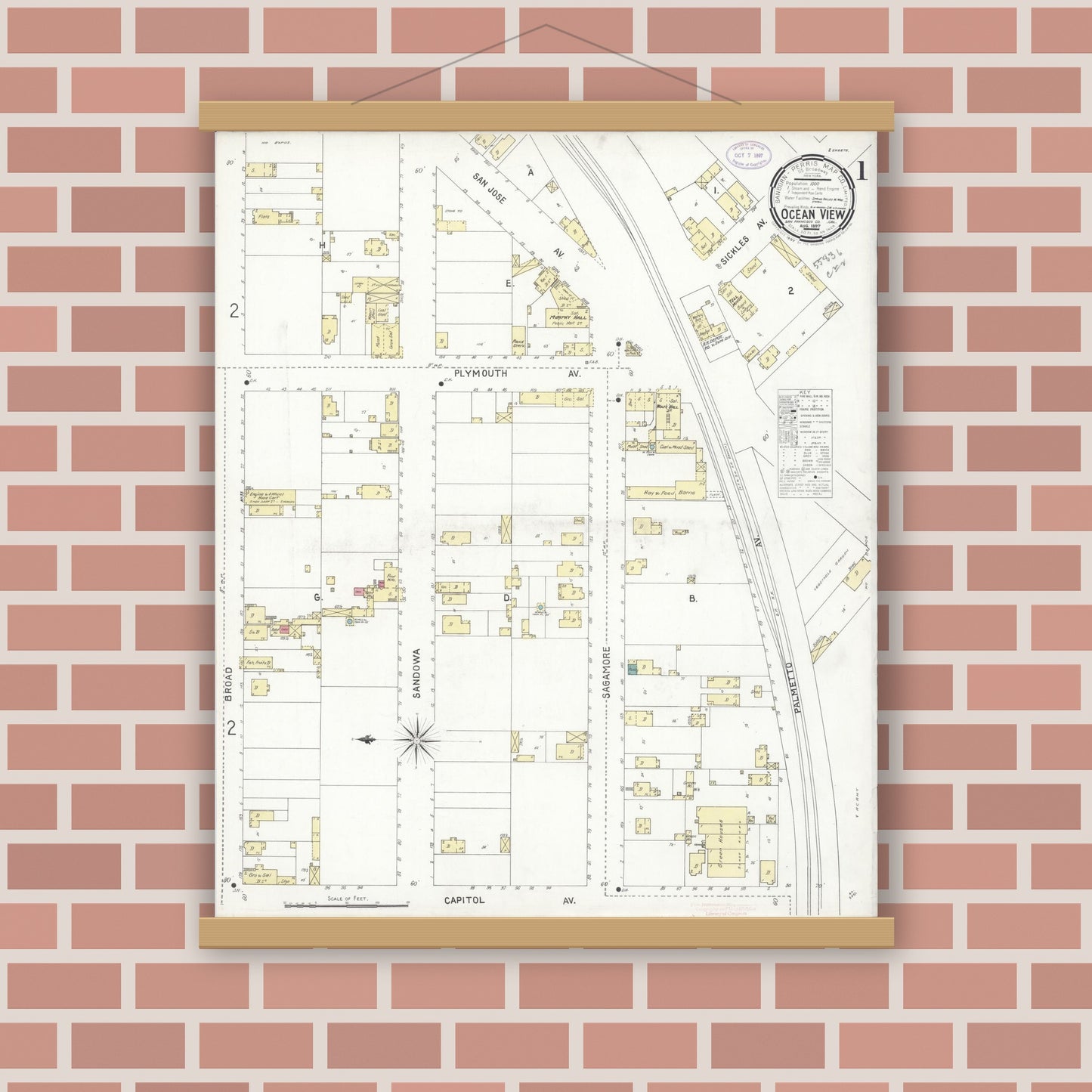 Old map wall art mockup — magnetic wood frame on brick wall — Sanborn Fire Insurance Map from Ocean View, San Francisco County, California (1897) - Complete Map Set