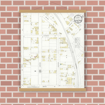 Old map wall art mockup — magnetic wood frame on brick wall — Sanborn Fire Insurance Map from Ocean View, San Francisco County, California (1897) - Complete Map Set