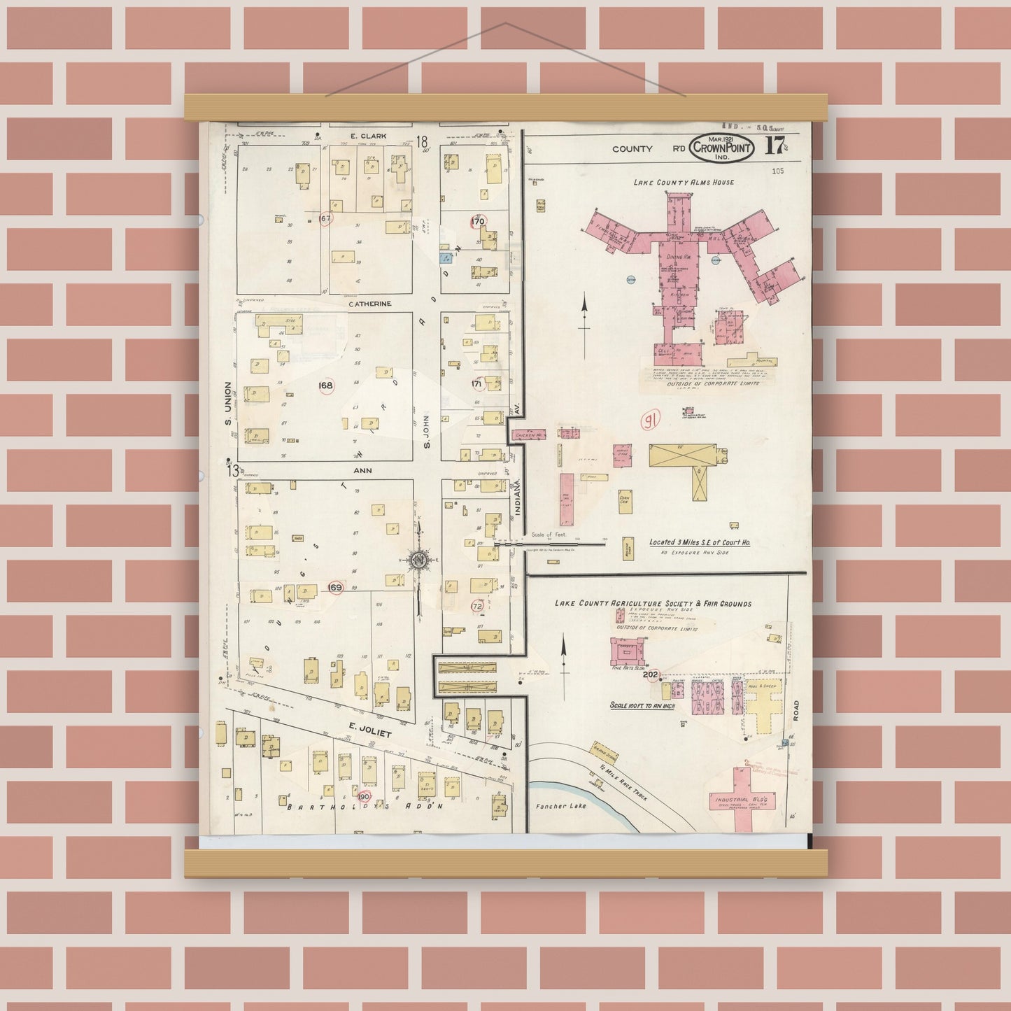 Old map wall art mockup — magnetic wood frame on brick wall — Sanborn Fire Insurance Map from Crown Point, Lake County, Indiana (1948), Sheet #0017