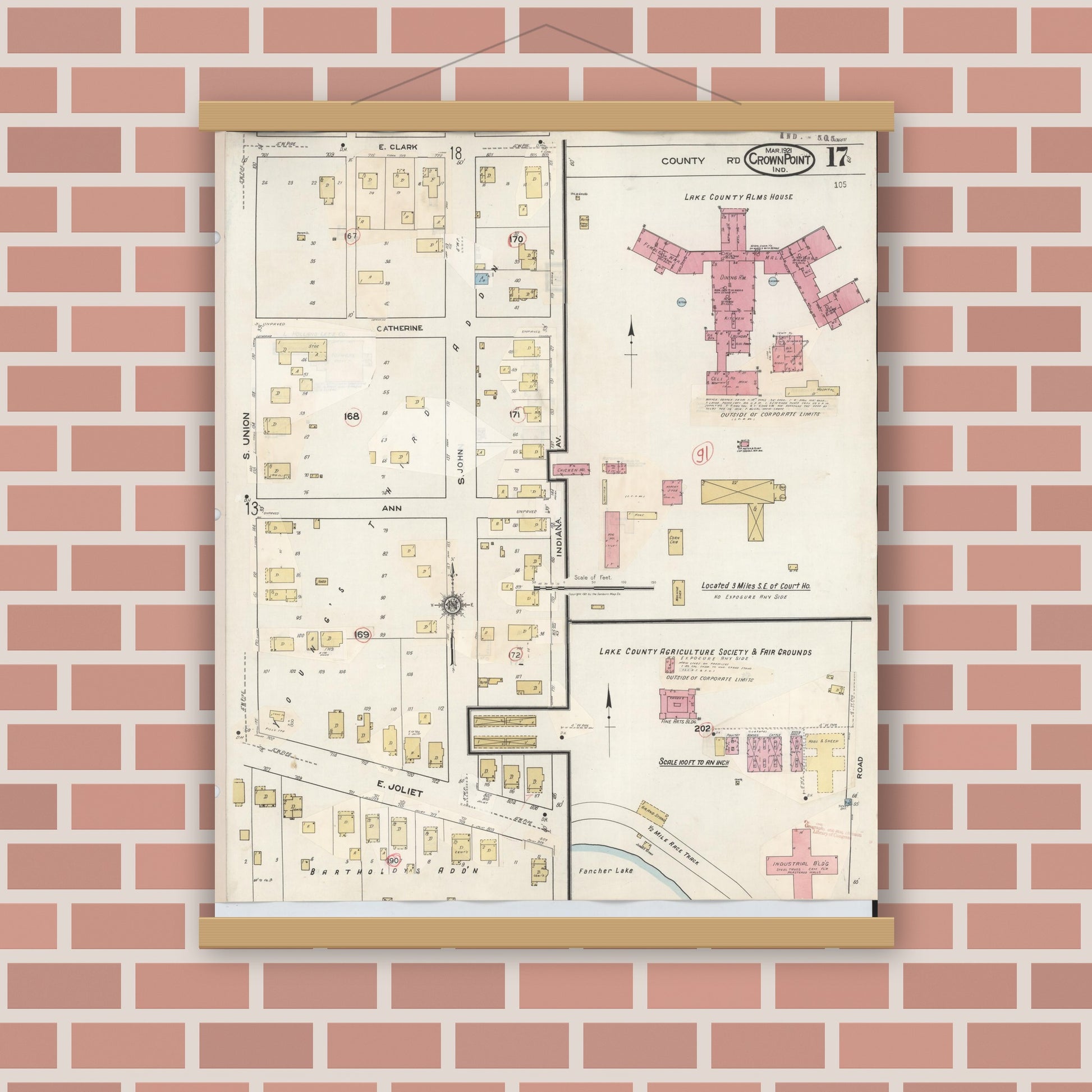 Old map wall art mockup — magnetic wood frame on brick wall — Sanborn Fire Insurance Map from Crown Point, Lake County, Indiana (1948), Sheet #0017