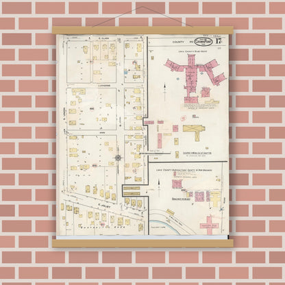 Old map wall art mockup — magnetic wood frame on brick wall — Sanborn Fire Insurance Map from Crown Point, Lake County, Indiana (1948), Sheet #0017