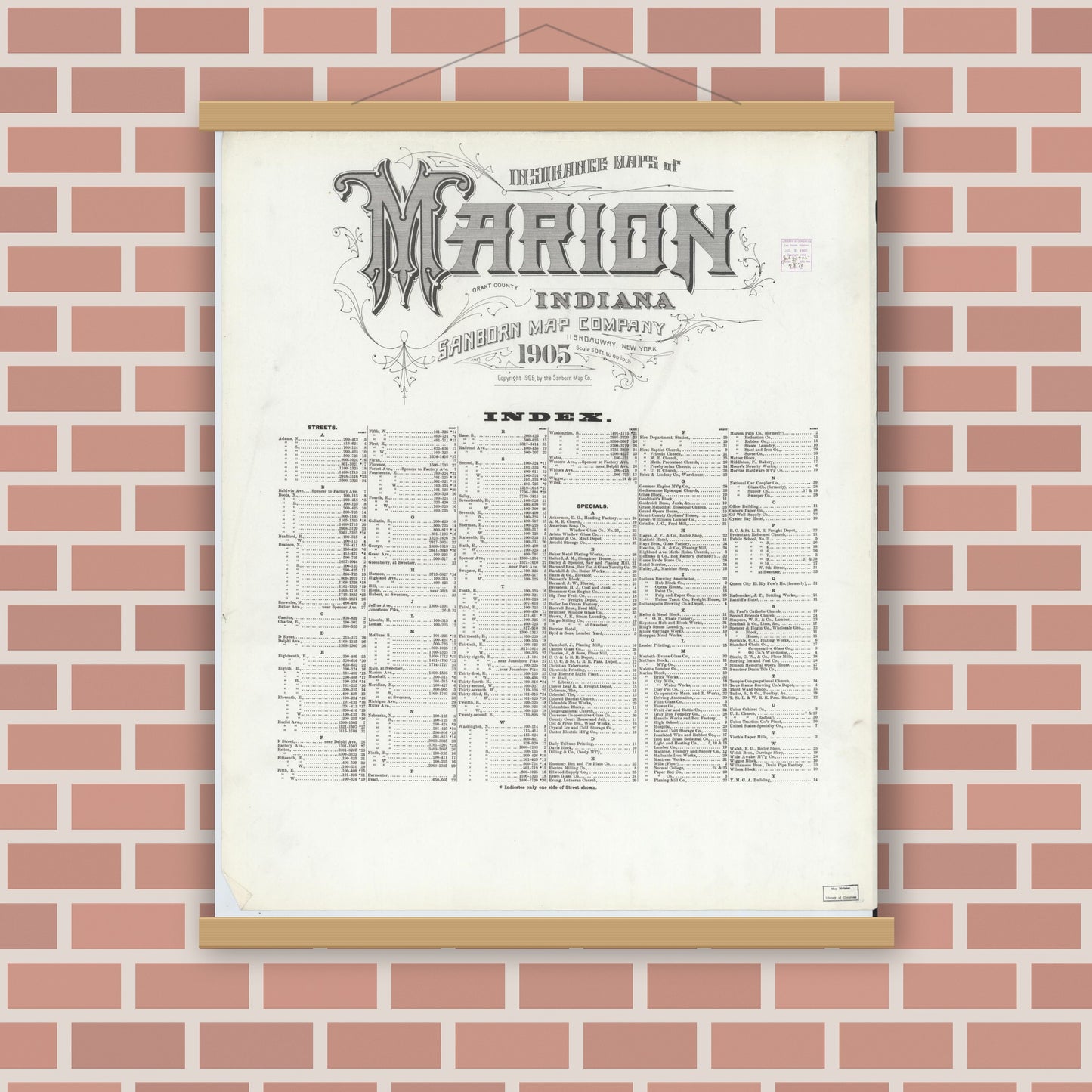 Old map wall art mockup — magnetic wood frame on brick wall — Sanborn Fire Insurance Map from Marion, Grant County, Indiana (1905), Sheet #0001