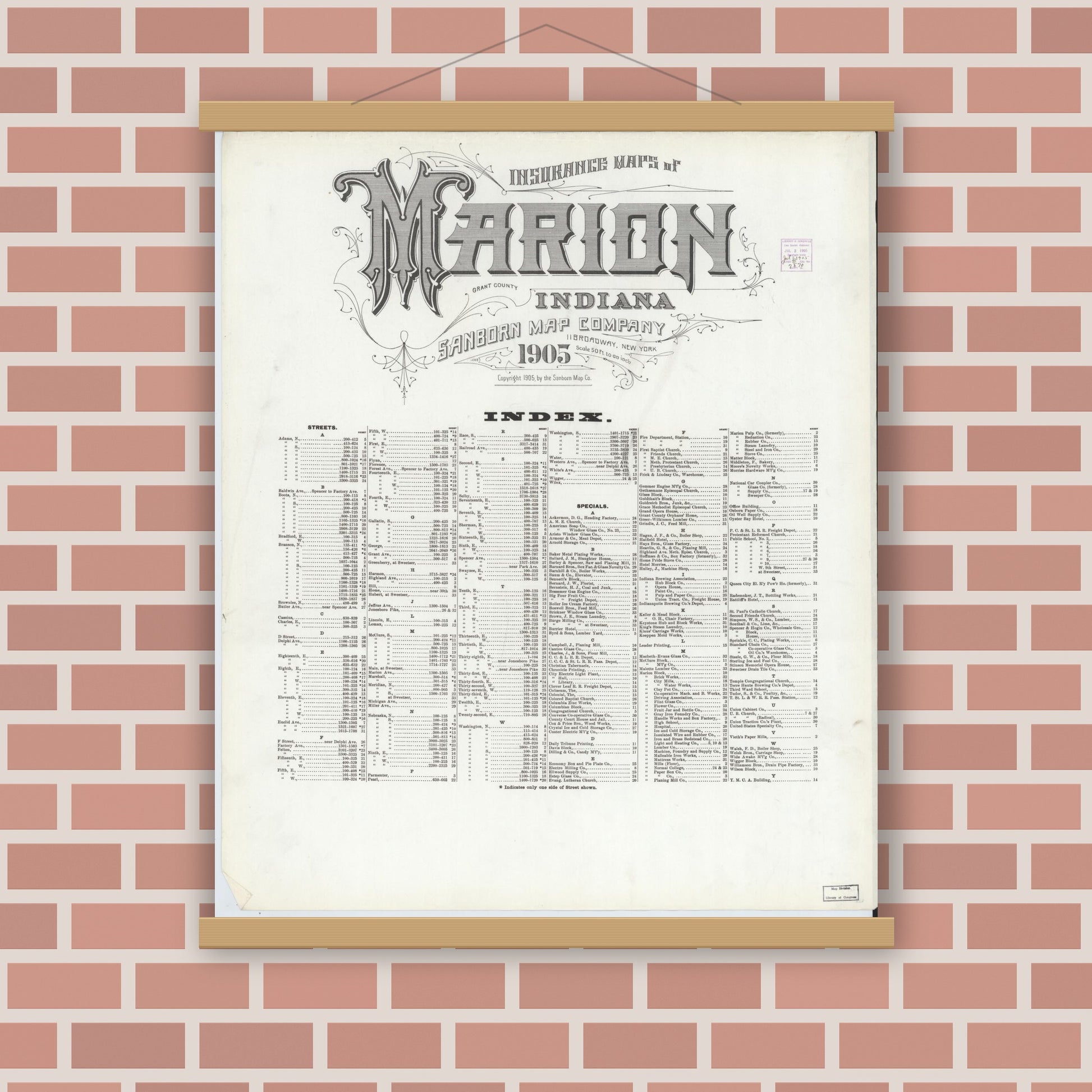 Old map wall art mockup — magnetic wood frame on brick wall — Sanborn Fire Insurance Map from Marion, Grant County, Indiana (1905), Sheet #0001