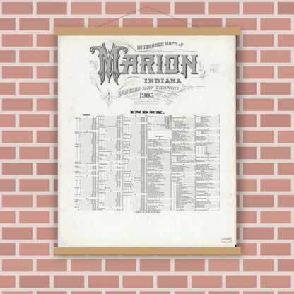 Old map wall art mockup — magnetic wood frame on brick wall — Sanborn Fire Insurance Map from Marion, Grant County, Indiana (1905), Sheet #0001