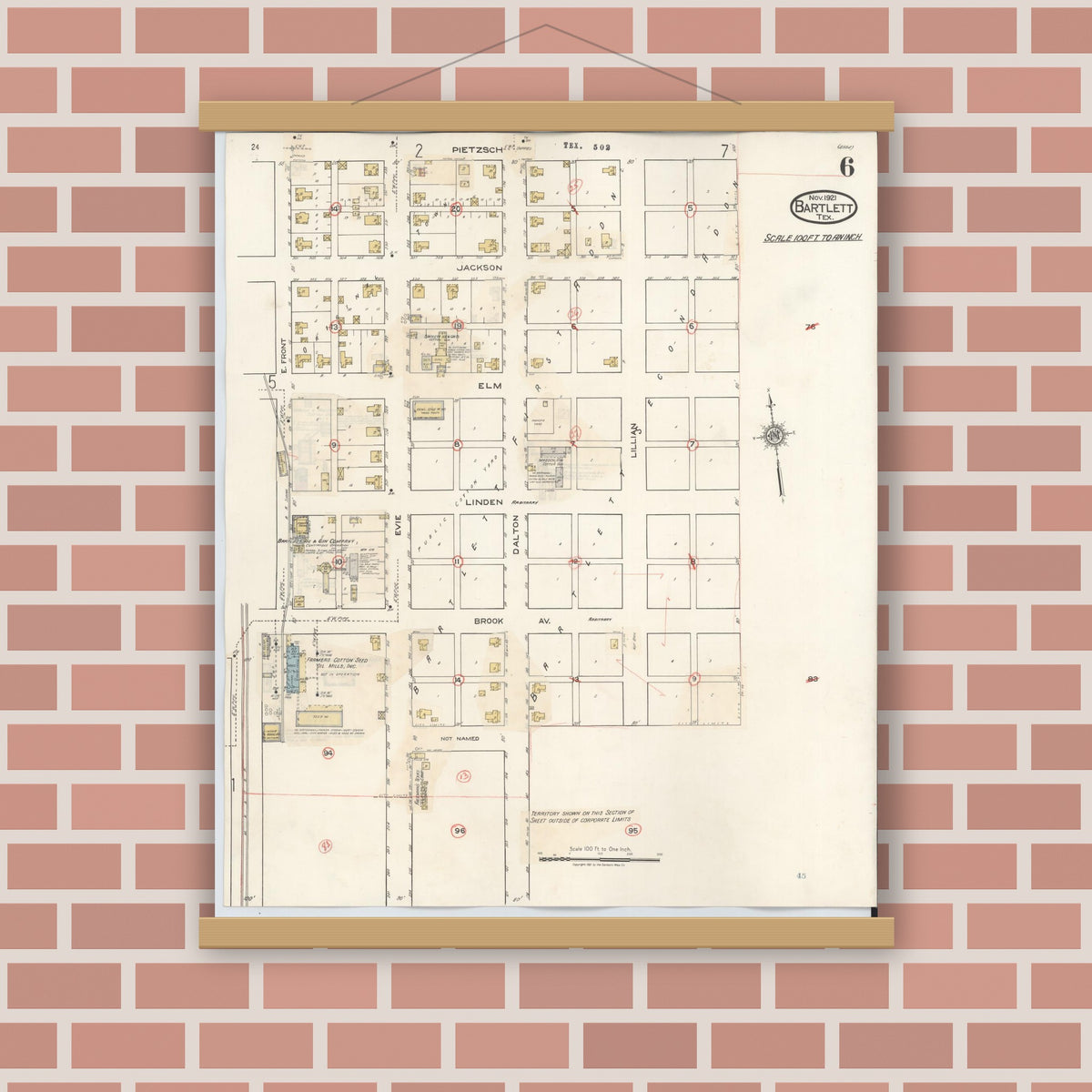 Old map wall art mockup — magnetic wood frame on brick wall — Sanborn Fire Insurance Map from Bartlett, Bell and Williamson Counties, Texas (1940), Sheet #0006