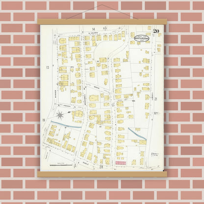 Old map wall art mockup — magnetic wood frame on brick wall — Sanborn Fire Insurance Map from North Adams, Berkshire County, Massachusetts (1908), Sheet #0020