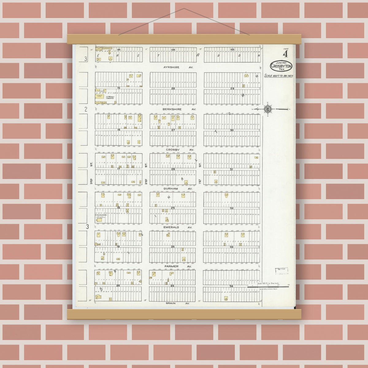 Old map wall art mockup — magnetic wood frame on brick wall — Sanborn Fire Insurance Map from Crosbyton, Crosby County, Texas (1921), Sheet #0004