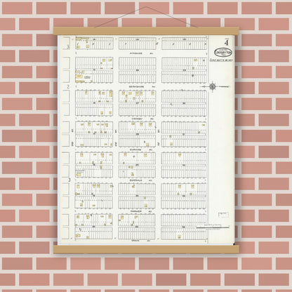 Old map wall art mockup — magnetic wood frame on brick wall — Sanborn Fire Insurance Map from Crosbyton, Crosby County, Texas (1921), Sheet #0004