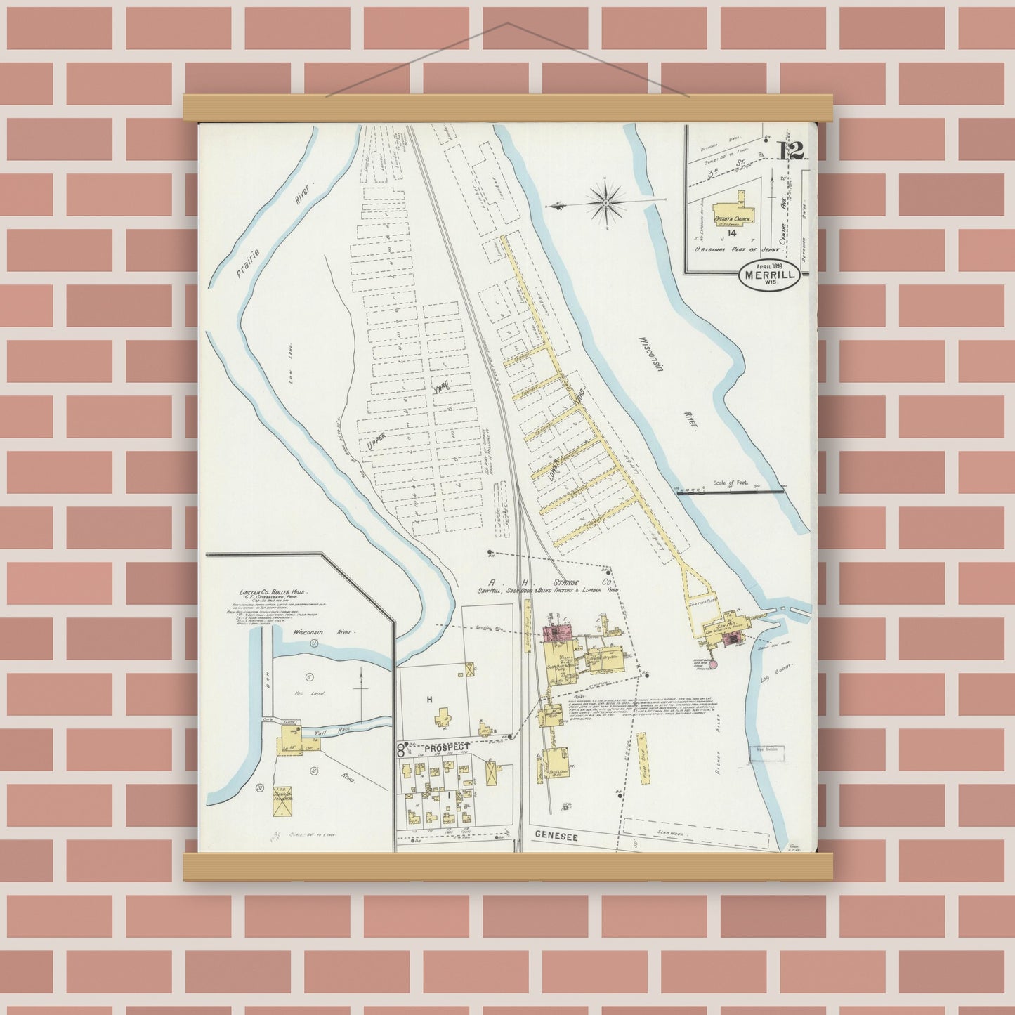 Old map wall art mockup — magnetic wood frame on brick wall — Sanborn Fire Insurance Map from Merrill, Lincoln County, Wisconsin (1898), Sheet #0012