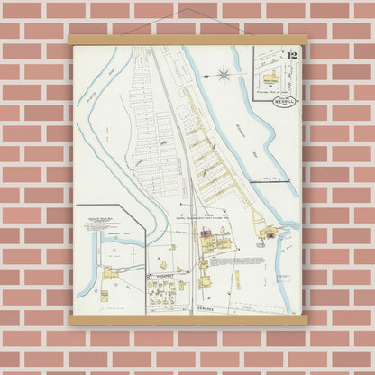 Old map wall art mockup — magnetic wood frame on brick wall — Sanborn Fire Insurance Map from Merrill, Lincoln County, Wisconsin (1898), Sheet #0012