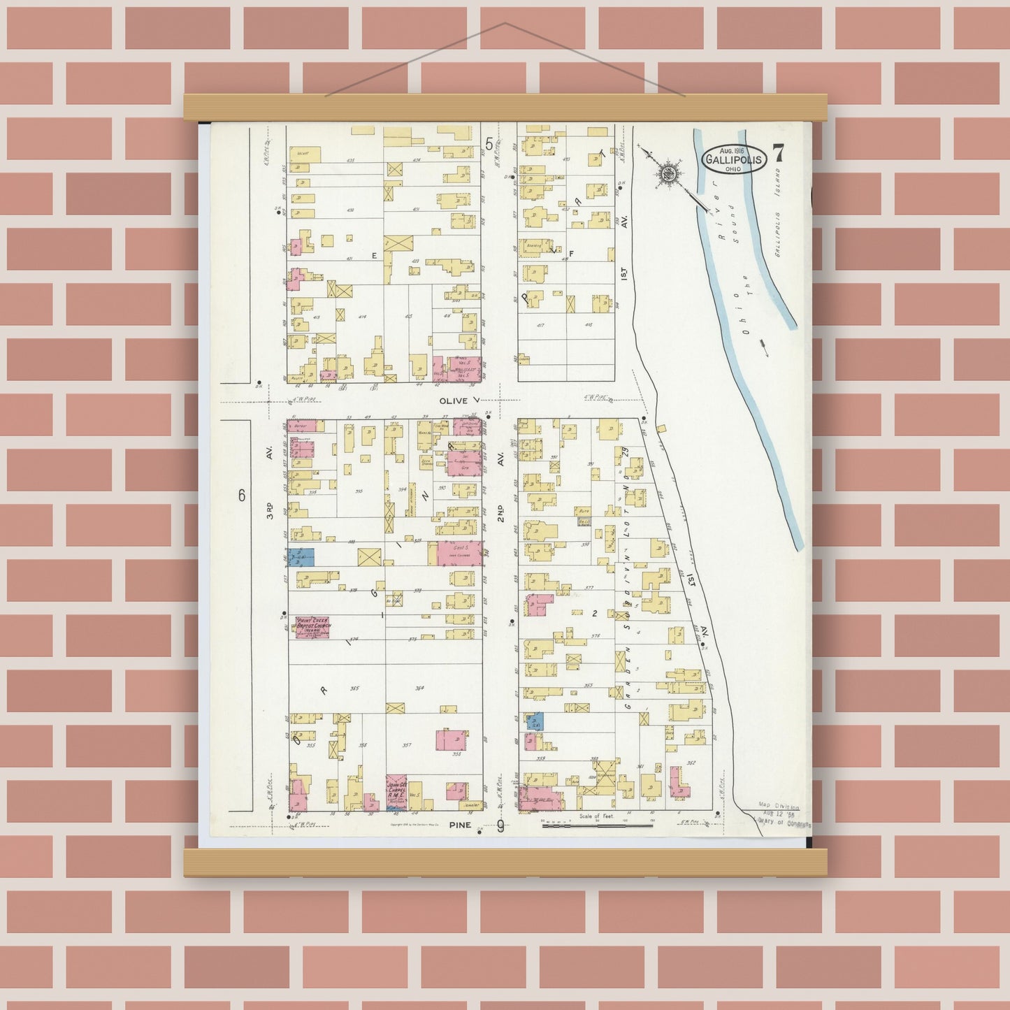Old map wall art mockup — magnetic wood frame on brick wall — Sanborn Fire Insurance Map from Gallipolis, Gallia County, Ohio (1916), Sheet #0007