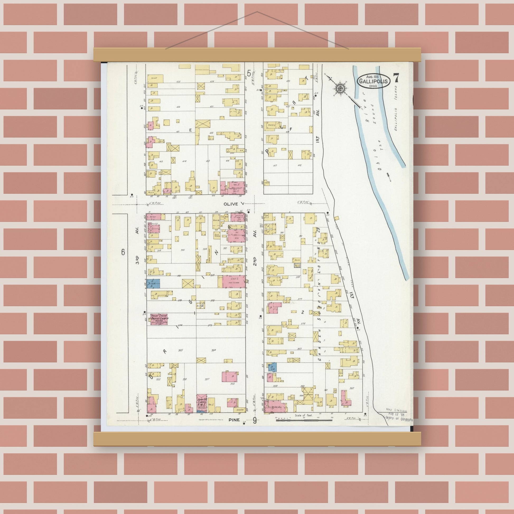 Old map wall art mockup — magnetic wood frame on brick wall — Sanborn Fire Insurance Map from Gallipolis, Gallia County, Ohio (1916), Sheet #0007