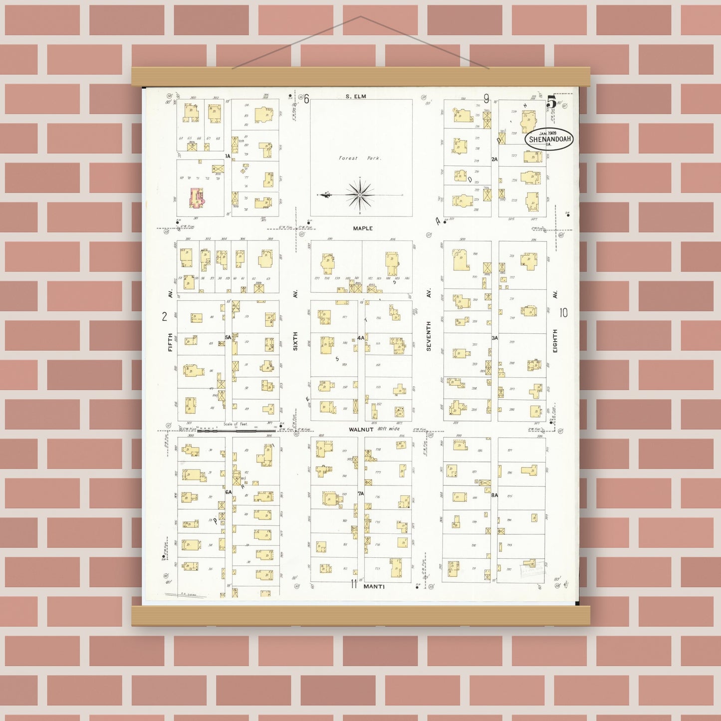 Old map wall art mockup — magnetic wood frame on brick wall — Sanborn Fire Insurance Map from Shenandoah, Page County, Iowa (1909), Sheet #0005
