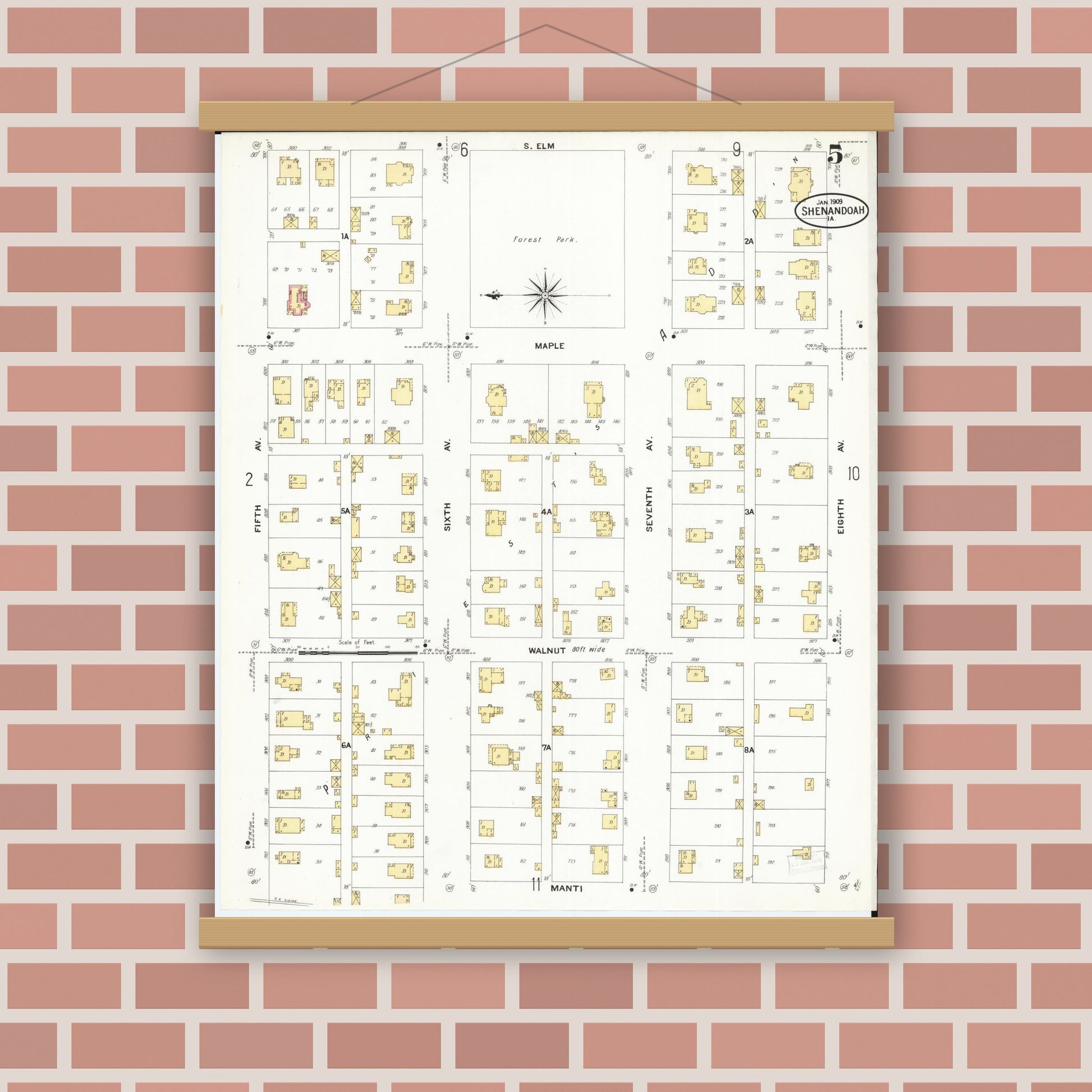 Old map wall art mockup — magnetic wood frame on brick wall — Sanborn Fire Insurance Map from Shenandoah, Page County, Iowa (1909), Sheet #0005