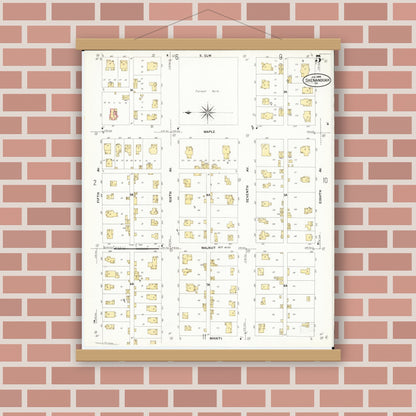 Old map wall art mockup — magnetic wood frame on brick wall — Sanborn Fire Insurance Map from Shenandoah, Page County, Iowa (1909), Sheet #0005