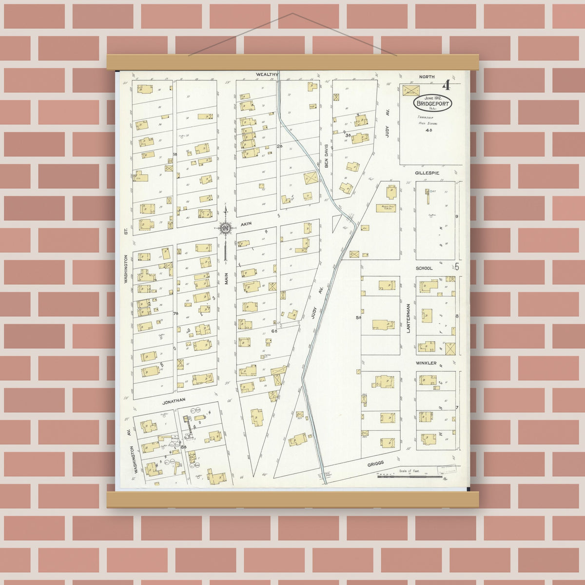 Old map wall art mockup — magnetic wood frame on brick wall — Sanborn Fire Insurance Map from Bridgeport, Lawrence County, Illinois (1912), Sheet #0004