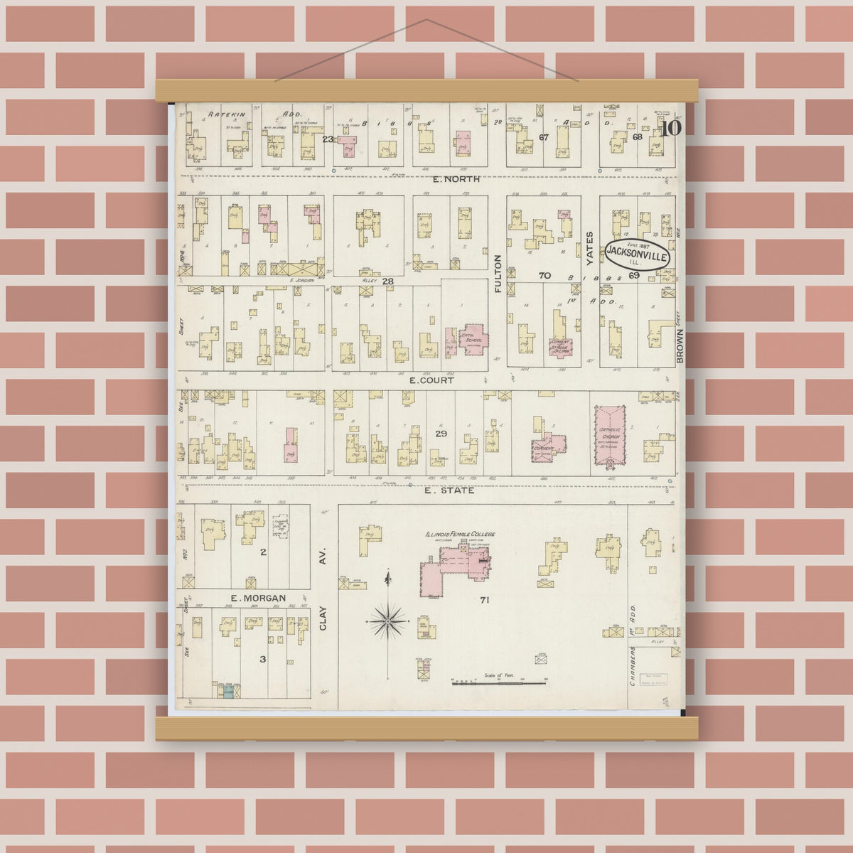 Old map wall art mockup — magnetic wood frame on brick wall — Sanborn Fire Insurance Map from Jacksonville, Morgan County, Illinois (1887), Sheet #0010