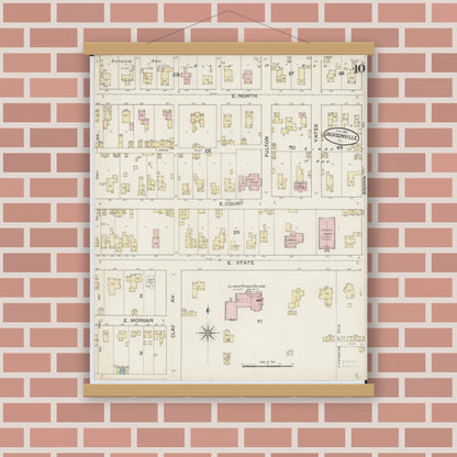 Old map wall art mockup — magnetic wood frame on brick wall — Sanborn Fire Insurance Map from Jacksonville, Morgan County, Illinois (1887), Sheet #0010