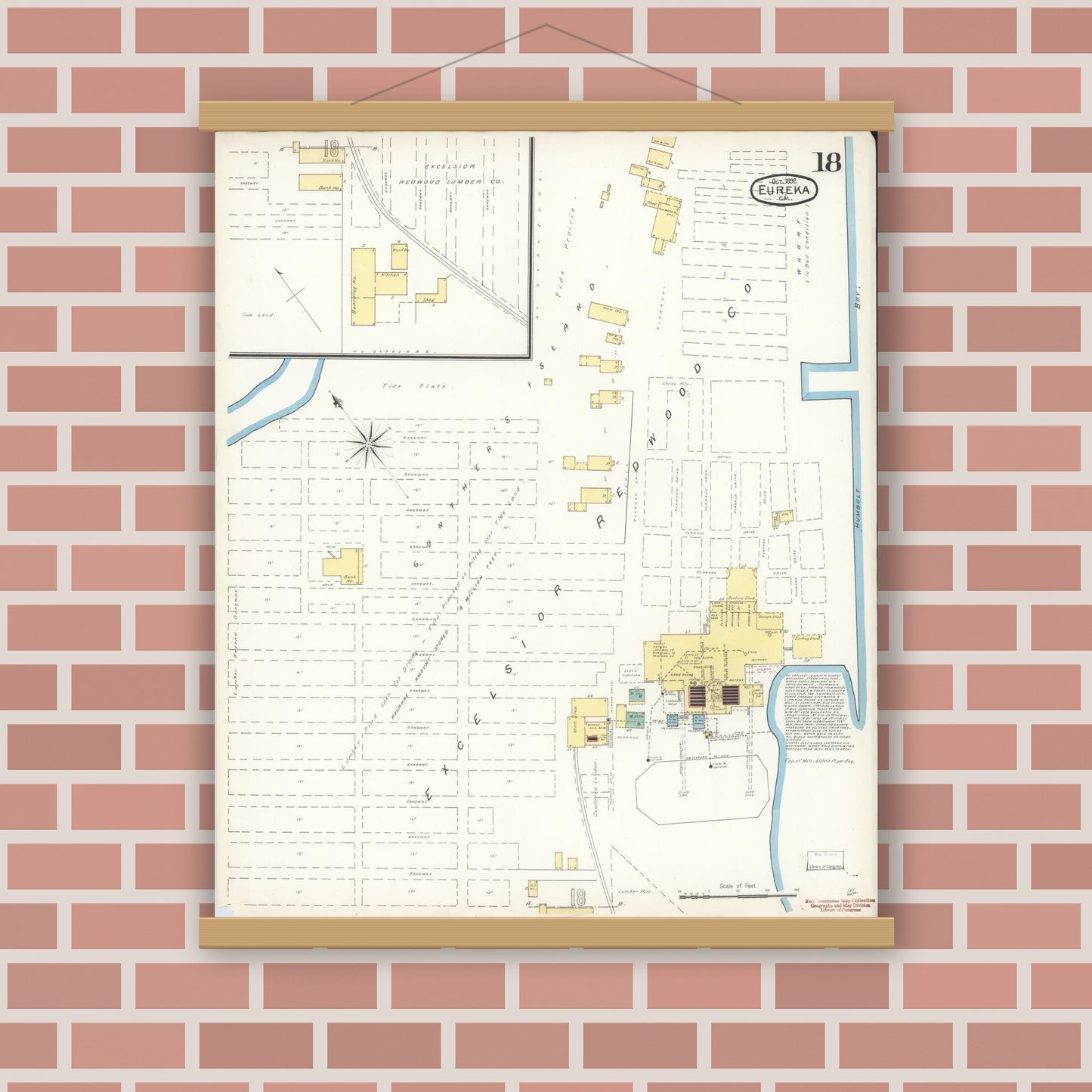 Old map wall art mockup — magnetic wood frame on brick wall — Sanborn Fire Insurance Map from Eureka, Humboldt County, California (1892), Sheet #0018