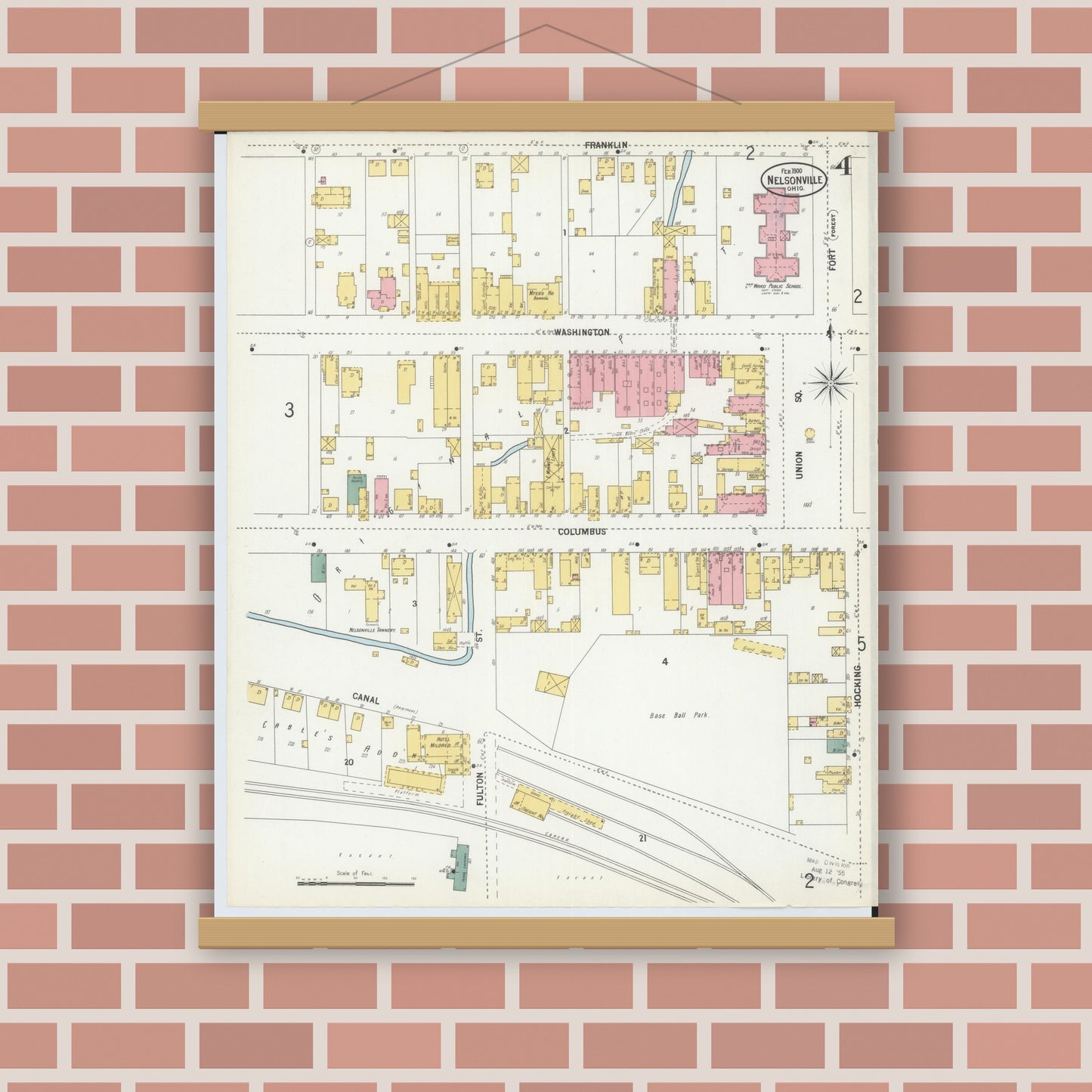 Old map wall art mockup — magnetic wood frame on brick wall — Sanborn Fire Insurance Map from Nelsonville, Athens County, Ohio (1900), Sheet #0004