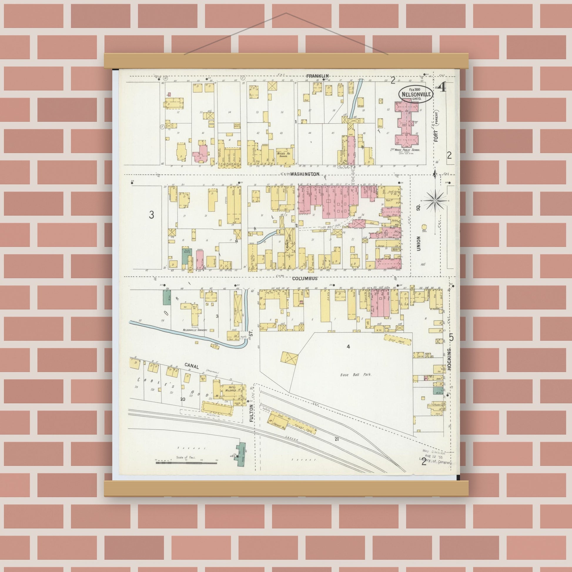 Old map wall art mockup — magnetic wood frame on brick wall — Sanborn Fire Insurance Map from Nelsonville, Athens County, Ohio (1900), Sheet #0004
