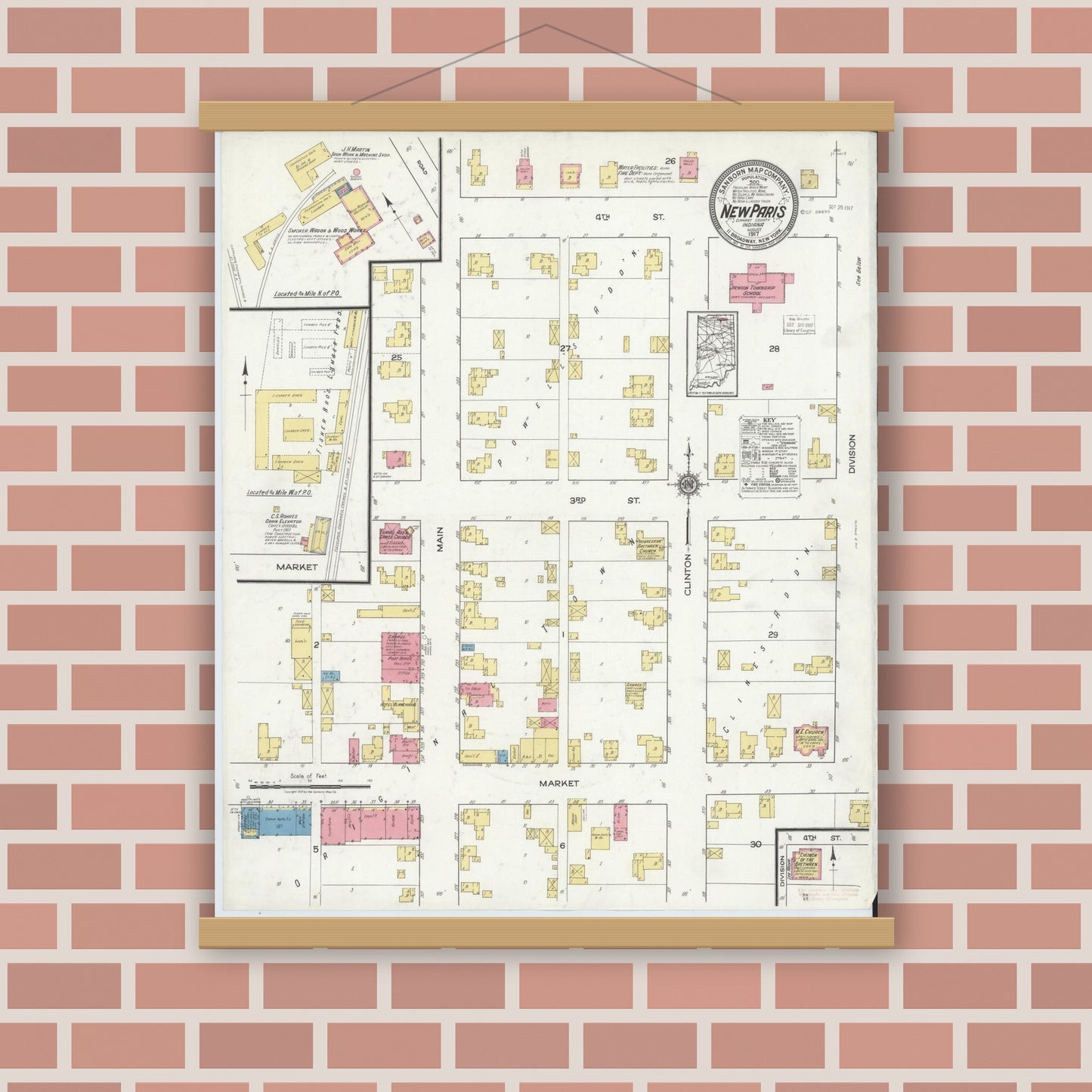 Old map wall art mockup — magnetic wood frame on brick wall — Sanborn Fire Insurance Map from New Paris, Elkhart County, Indiana (1917), Sheet #0001