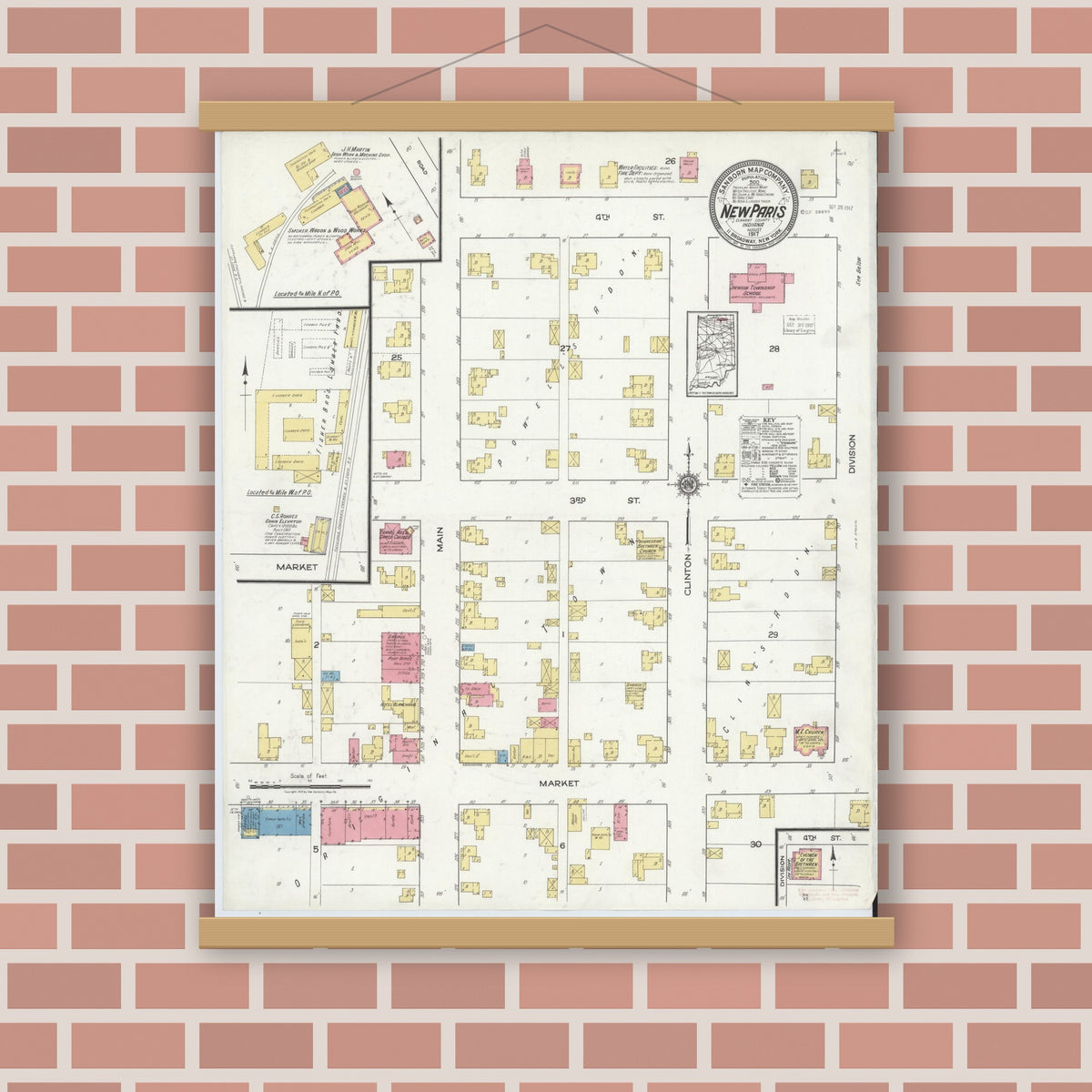 Old map wall art mockup — magnetic wood frame on brick wall — Sanborn Fire Insurance Map from New Paris, Elkhart County, Indiana (1917), Sheet #0001