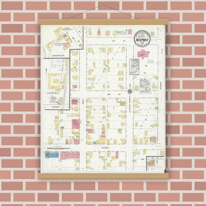 Old map wall art mockup — magnetic wood frame on brick wall — Sanborn Fire Insurance Map from New Paris, Elkhart County, Indiana (1917), Sheet #0001