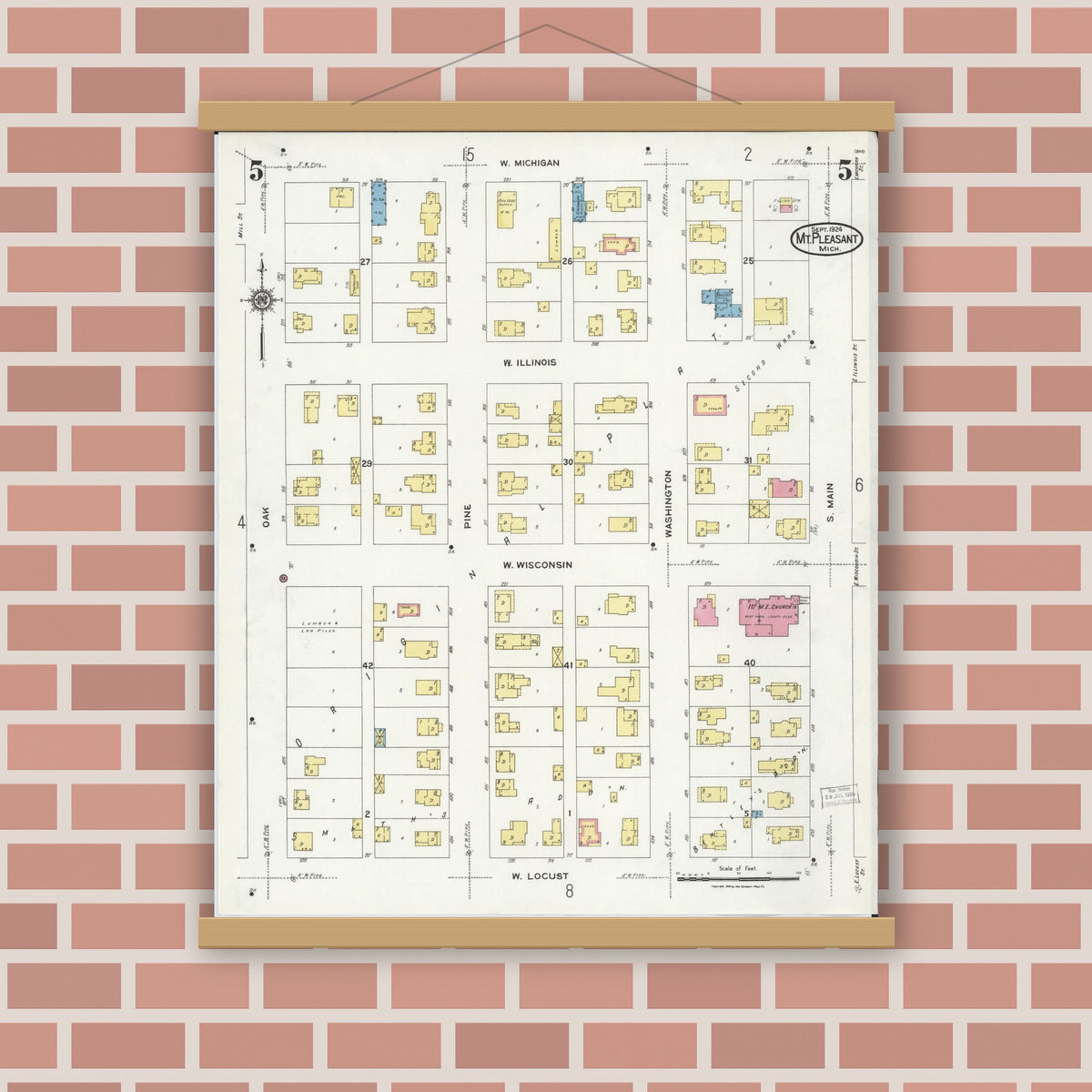 Old map wall art mockup — magnetic wood frame on brick wall — Sanborn Fire Insurance Map from Mount Pleasant, Isabella County, Michigan (1924), Sheet #0005
