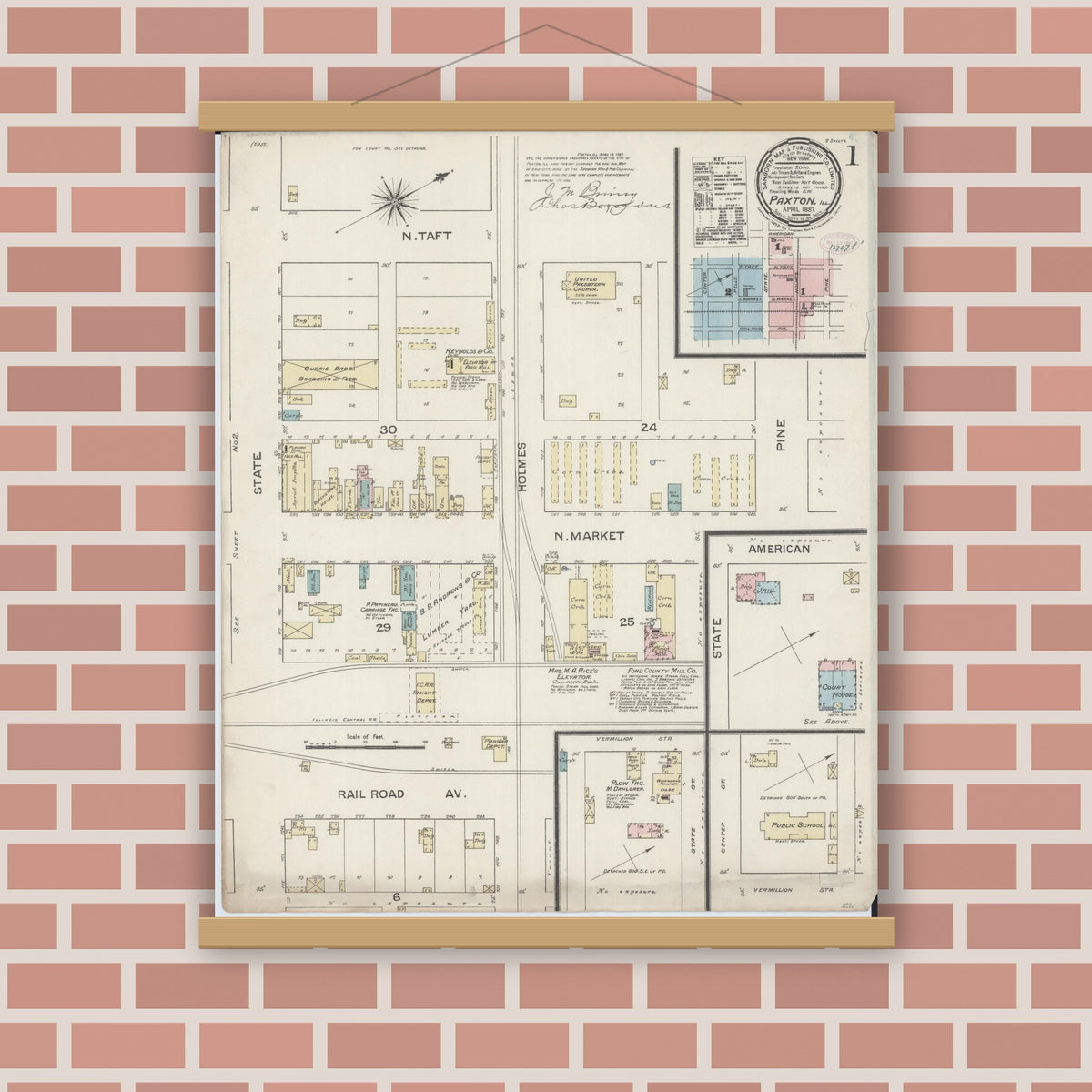 Old map wall art mockup — magnetic wood frame on brick wall — Sanborn Fire Insurance Map from Paxton, Ford County, Illinois (1887) - Complete Map Set
